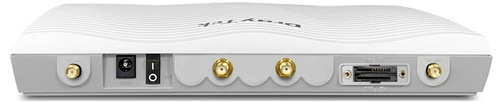 Weiße kabellose Router-/Modem-Frontplatte mit Stromversorgung und Koaxialanschlüssen, einem Netzschalter, zwei Gewinde-Steckverbindern und einem USB-Anschluss.