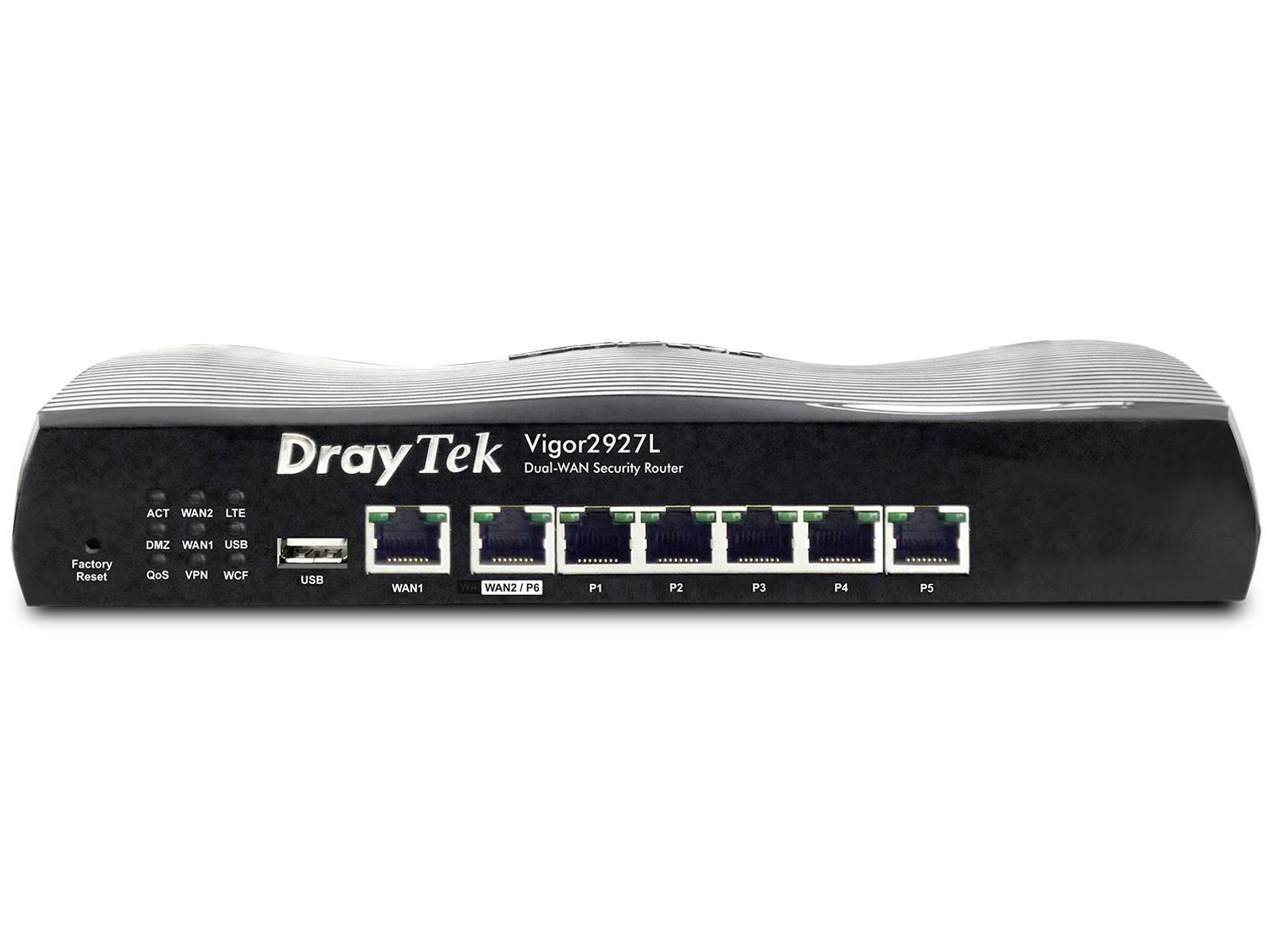 Vorderansicht eines DrayTek Vigor2927L Dual-WAN-Sicherheitsrouters mit USB-Anschluss, WAN1/WAN2-AP und fünf LAN-Anschlüssen.