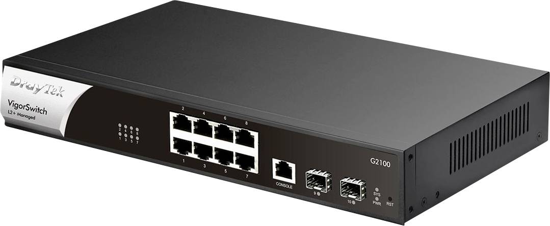 Schwarzer 8-Port-Ethernet-Switch mit Frontpanel-Anzeigen, Konsolenanschluss und Modellbezeichnung "G2100".