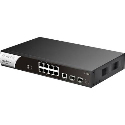 Schwarzer 8-Port-Ethernet-Switch mit Frontpanel-Anzeigen, Konsolenanschluss und Modellbezeichnung "G2100".
