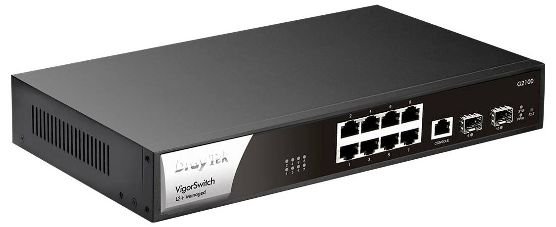 Schwarzer DrayTek VigorSwitch Netzwerk-Switch, Schrägansicht von vorne mit 8 Ethernet-Anschlüssen und zusätzlichen Uplink-Ports auf der rechten Seite.