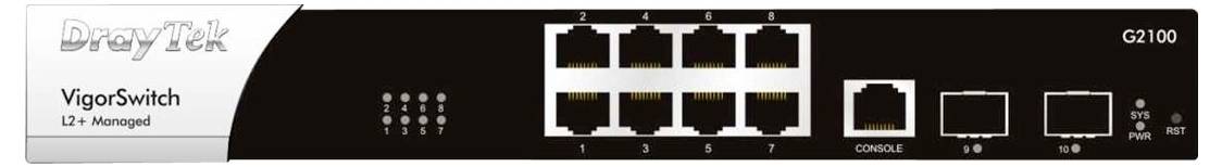 Vorderansicht eines verwalteten DrayTek VigorSwitch G2100 Netzwerk-Switches mit acht Ethernet-Anschlüssen, einem Konsolenport und Statusleuchten.