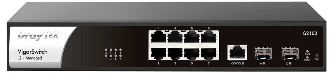 Vorderansicht eines verwalteten Netzwerk-Switches DrayTek VigorSwitch G2100, der acht Ethernet-Anschlüsse, einen Konsolenport, zwei SFP-Uplink-Slots und Status-LEDs zeigt.