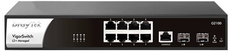 Frontansicht eines DrayTek VigorSwitch G2100 verwalteten Netzwerk-Switches mit acht Ethernet-Anschlüssen, einem Konsolenport und Statusanzeigen.