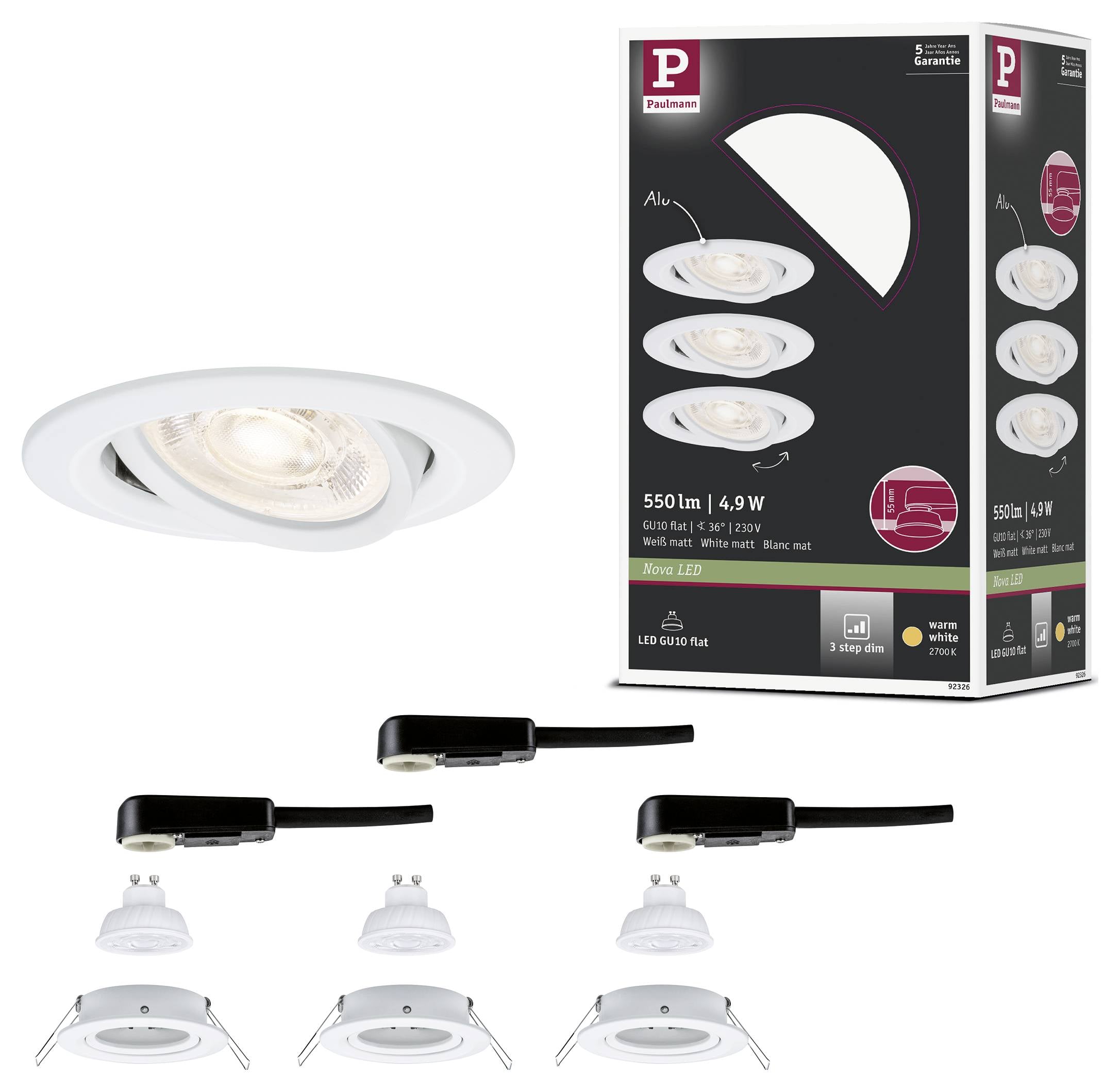 Produktbild mit einer weißen LED-Einbauleuchte und ihrer Verpackung, darunter drei Abbildungen zu den Installationsschritten der Leuchte.