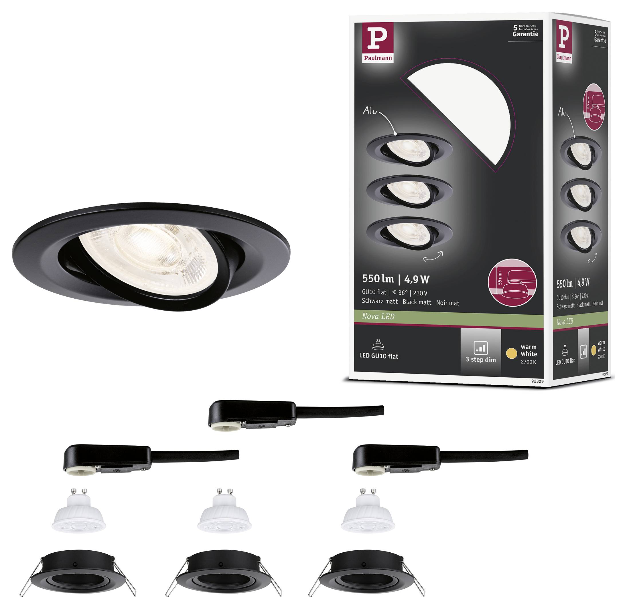 Schwarze verstellbare LED-Einbauleuchte mit Produktverpackung und Installationsschritten, einschließlich geöffneter, montierter und eingebauter Ansichten.