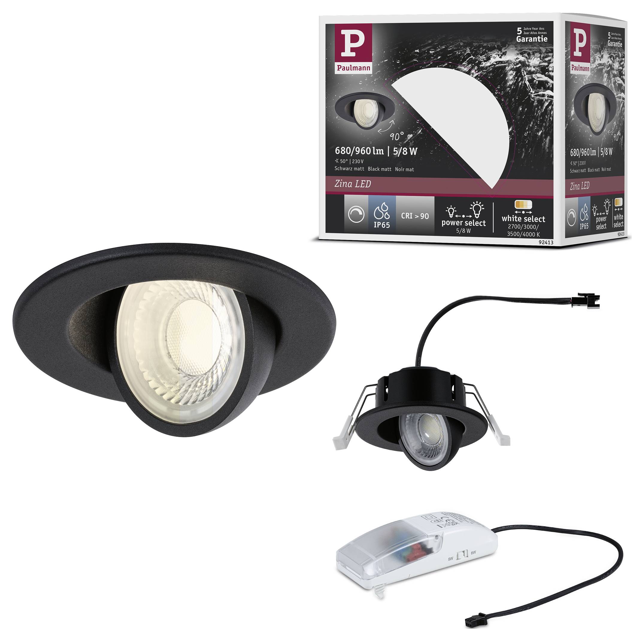Produktbild der Paulmann Zina LED-Einbaustrahler in Schwarz und Weiß, zeigt die Leuchte, den verstellbaren Downlight und die Verpackung mit technischen Spezifikationen.