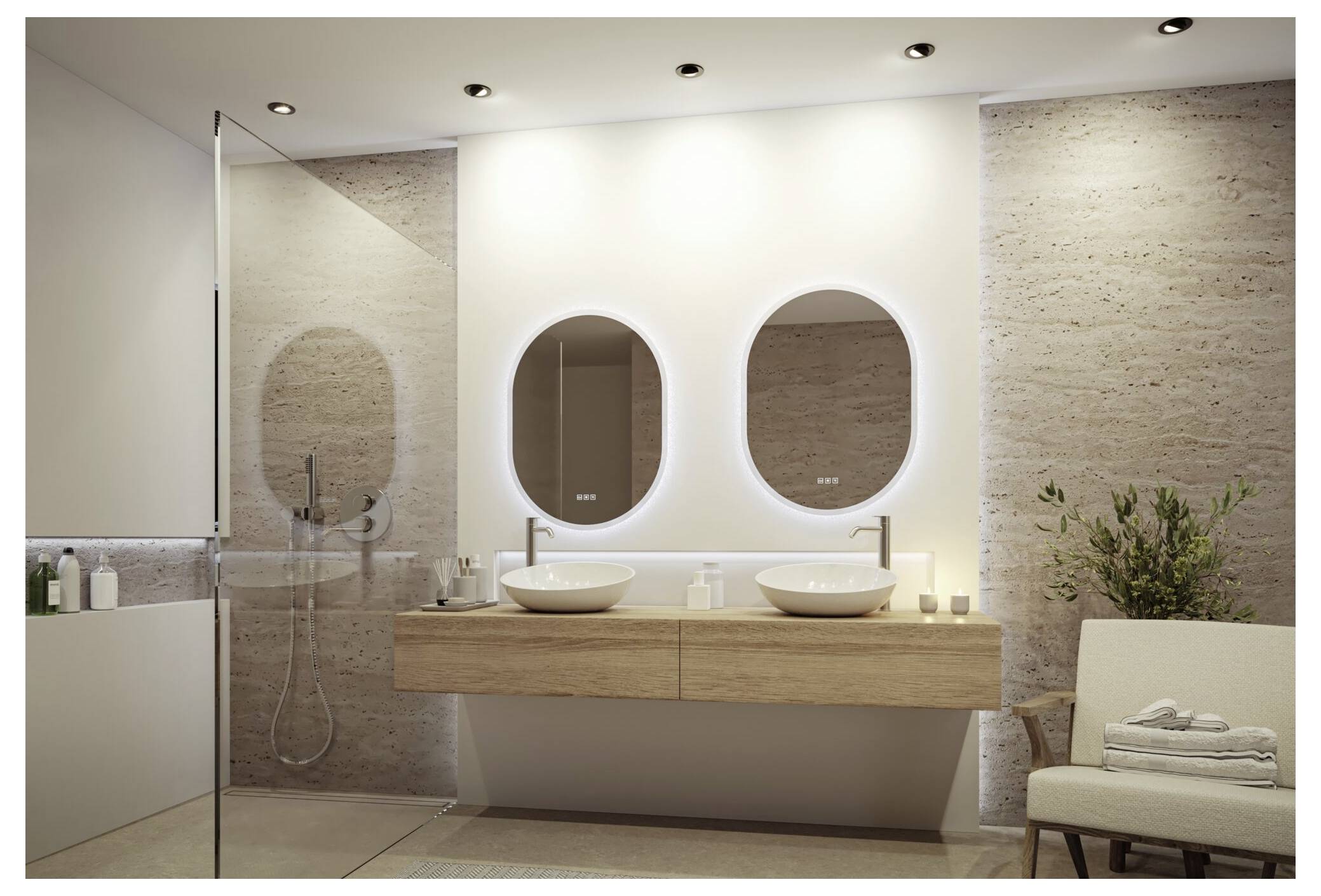 Modernes Badezimmer mit Doppelwaschtisch, zwei ovalen Spiegeln, Glasdusche sowie einem Stuhl mit Handtüchern und einer Pflanze.