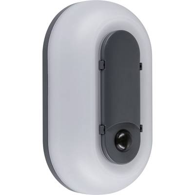 Weißes, ovales, wandmontiertes Gerät mit dunkel eingelassenem Frontpanel und linsenähnlichem Sensor, wahrscheinlich ein Sicherheits- oder Bewegungsmelder.