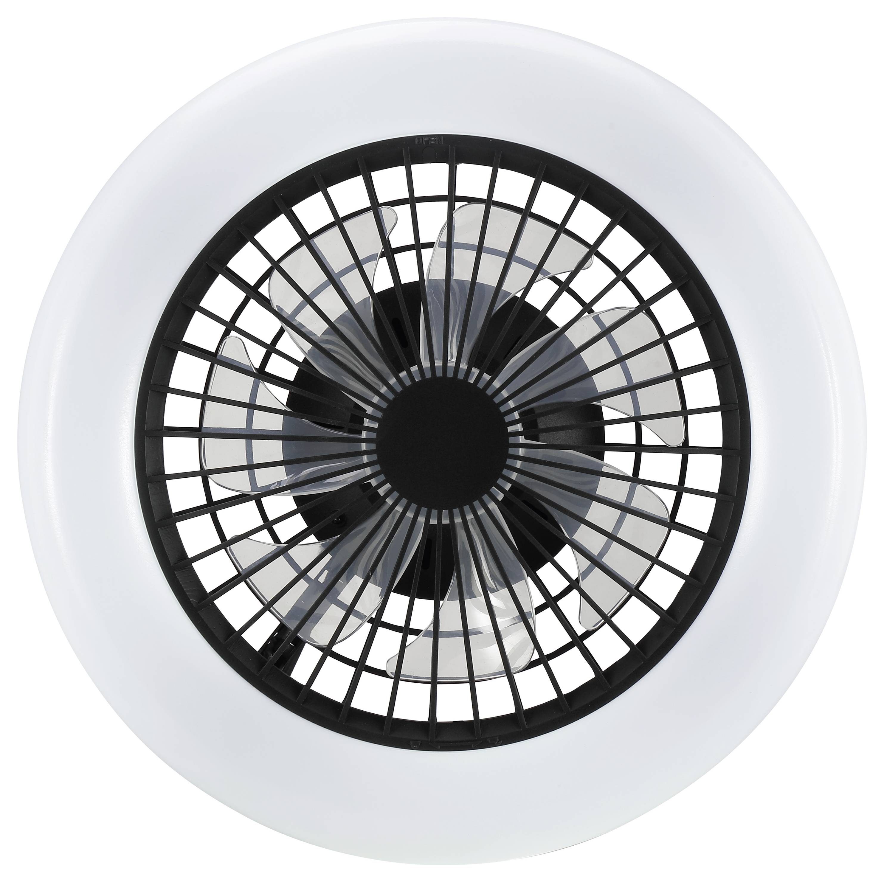 Draufsicht eines kreisförmigen Ventilators mit schwarzem Gitter und Rotorblättern in einem weißen Gehäuse.