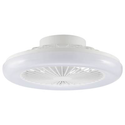 Runder weißer Deckenluftschacht oder Ventilator mit durchscheinend hellem Außenring, von unten vor weißem Hintergrund fotografiert.