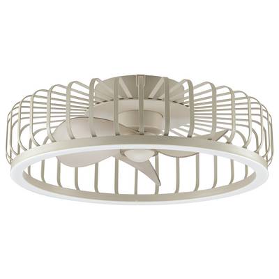 Moderner Deckenventilator mit einer kreisförmigen Leuchte und beigen Blättern in einem ringförmigen Schutzgitter auf weißem Hintergrund