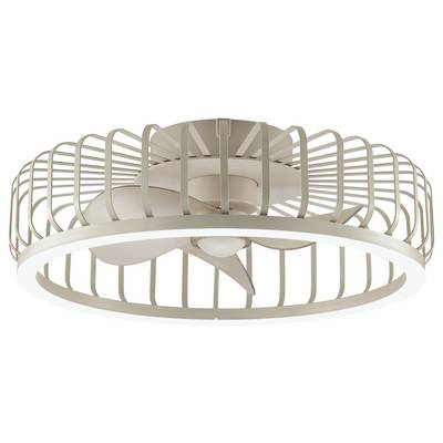 Ein moderner Deckenventilator mit beigen Blättern und einem kreisförmigen käfigartigen Rahmen, dargestellt in einer produktartigen Ansicht auf weißem Hintergrund.