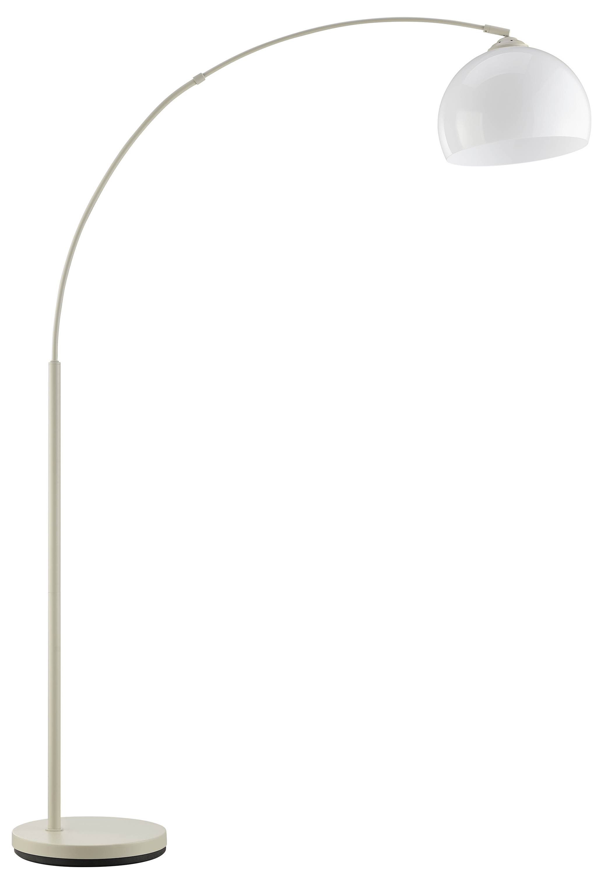Moderne Bogenbodenleuchte mit beiger Basis und Schaft, gebogenem Arm und weißem Schirm auf der rechten Seite.
