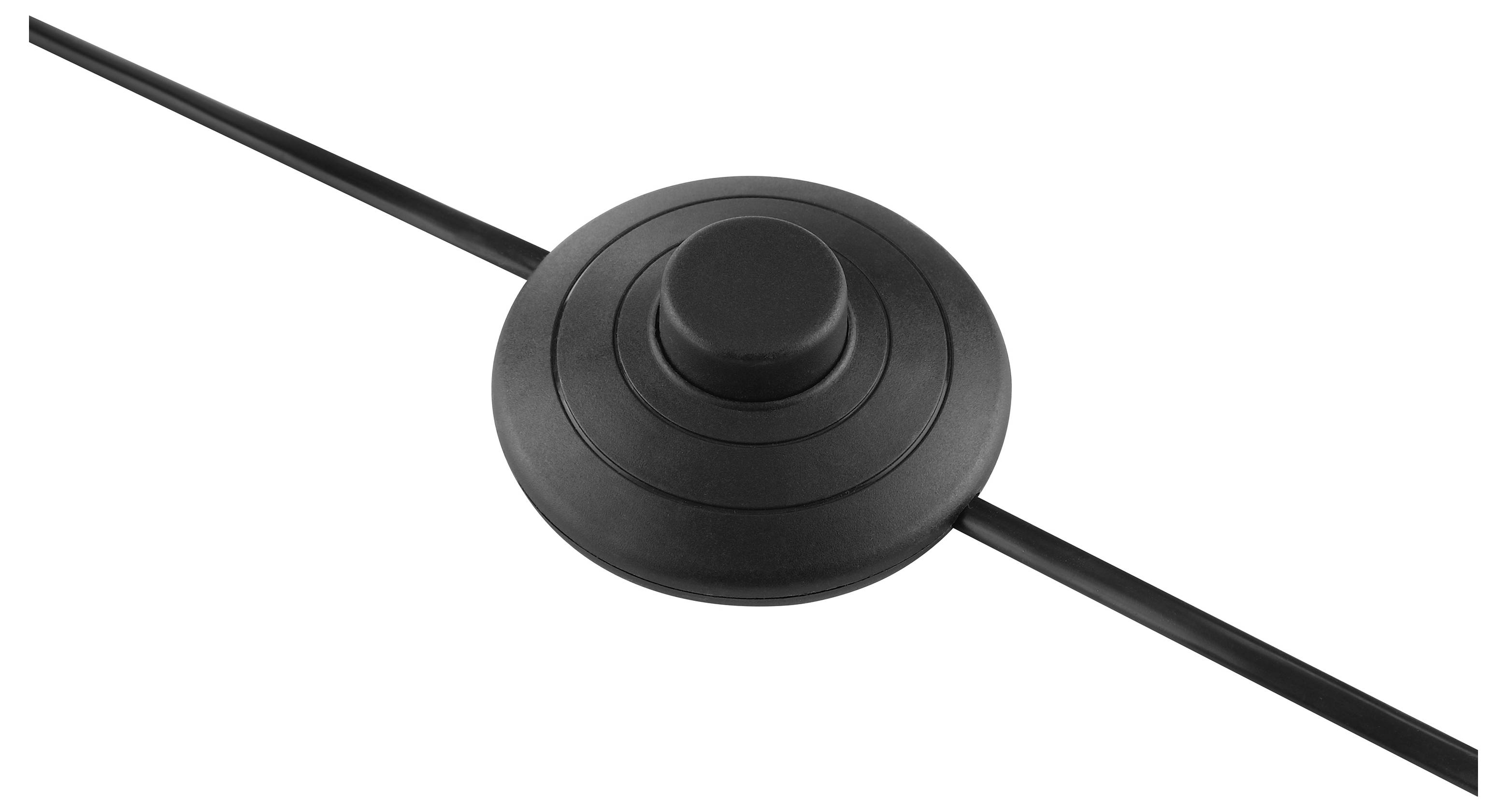 Schwarzer Inline-Kabel-Fußschalter mit rundem Druckknopf auf einer Schnur, dargestellt auf weißem Hintergrund.