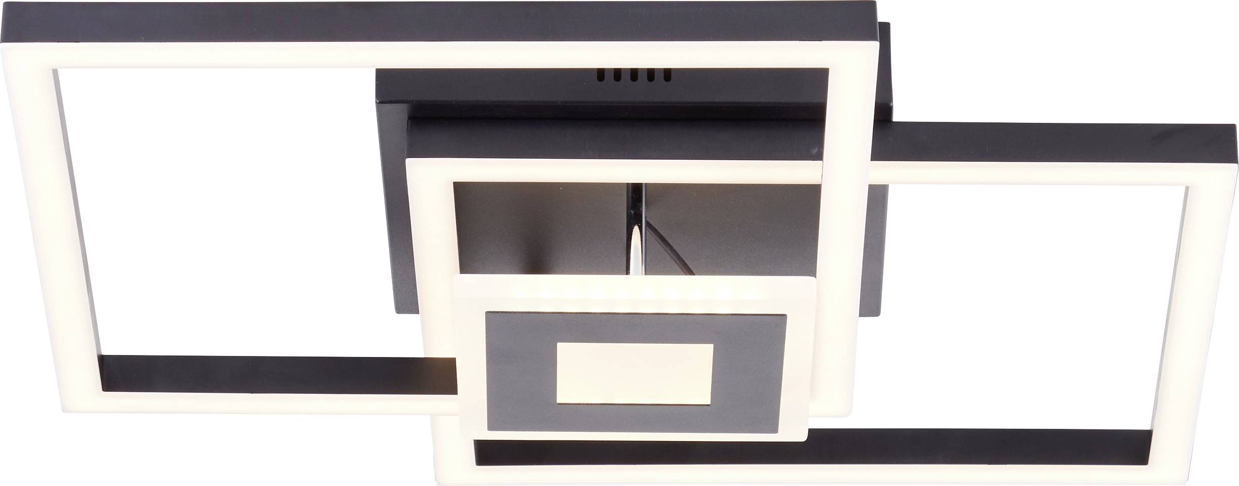 Drei überlappende rechteckige LED-Deckenleuchtenrahmen in Schwarz und Weiß, die eine moderne geometrische Leuchte auf weißem Hintergrund zeigen.