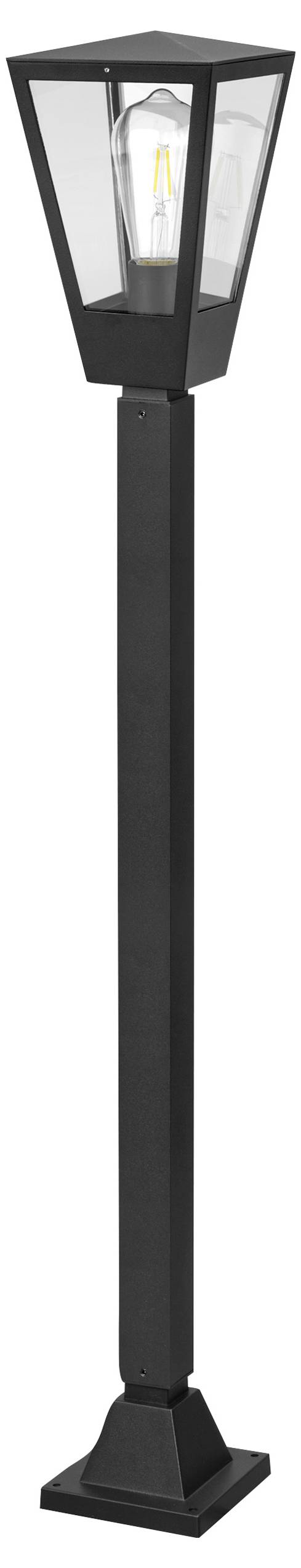 Schwarze Außenleuchte mit vierseitigem Glaseinsatz und sichtbarem Leuchtmittel auf quadratischem Sockelsockel.