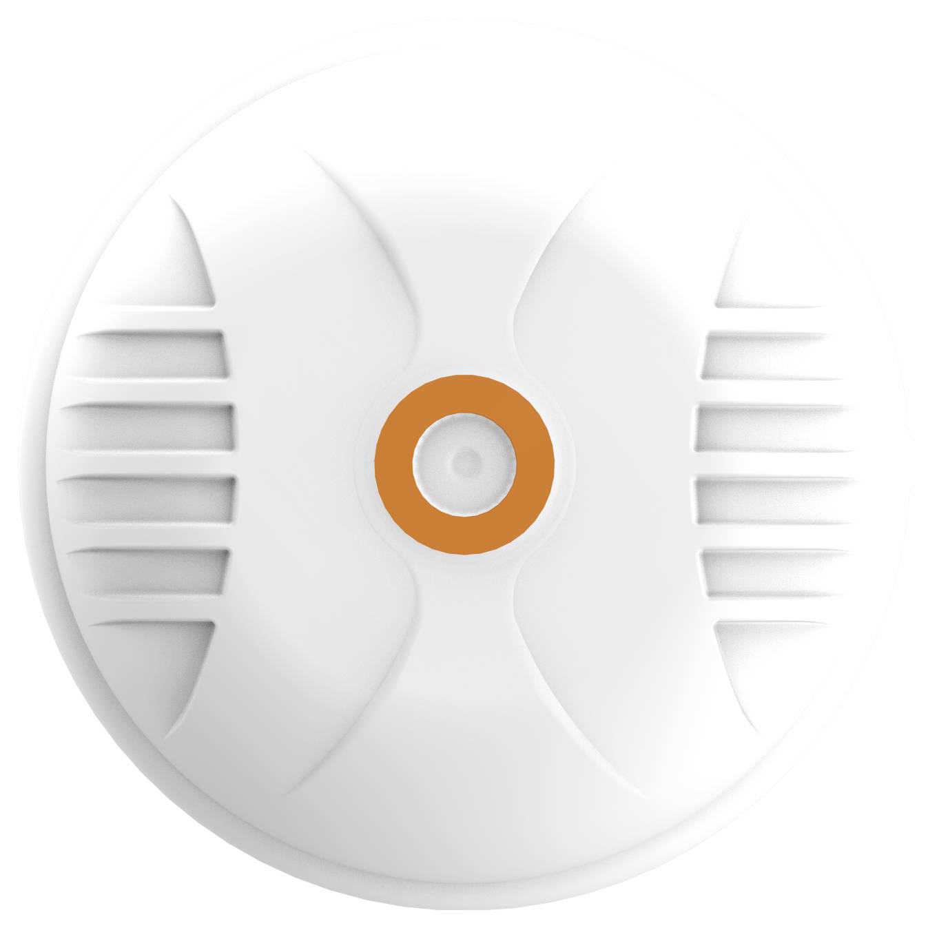 Weißes kreisförmiges Gerät mit Seitenlüftungsöffnungen und einem zentralen orangefarbenen Ring, das einem Rauchwarnmelder oder Alarmsensor ähnelt.