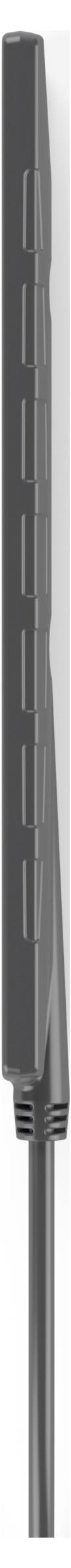 Nahaufnahme einer seitlichen Ansicht eines schwarzen Smartphones oder einer schwarzen Schutzhülle mit Lautstärke- und Ein-/Ausschalter sowie einem schlanken, stiftähnlichen Stylus daneben.