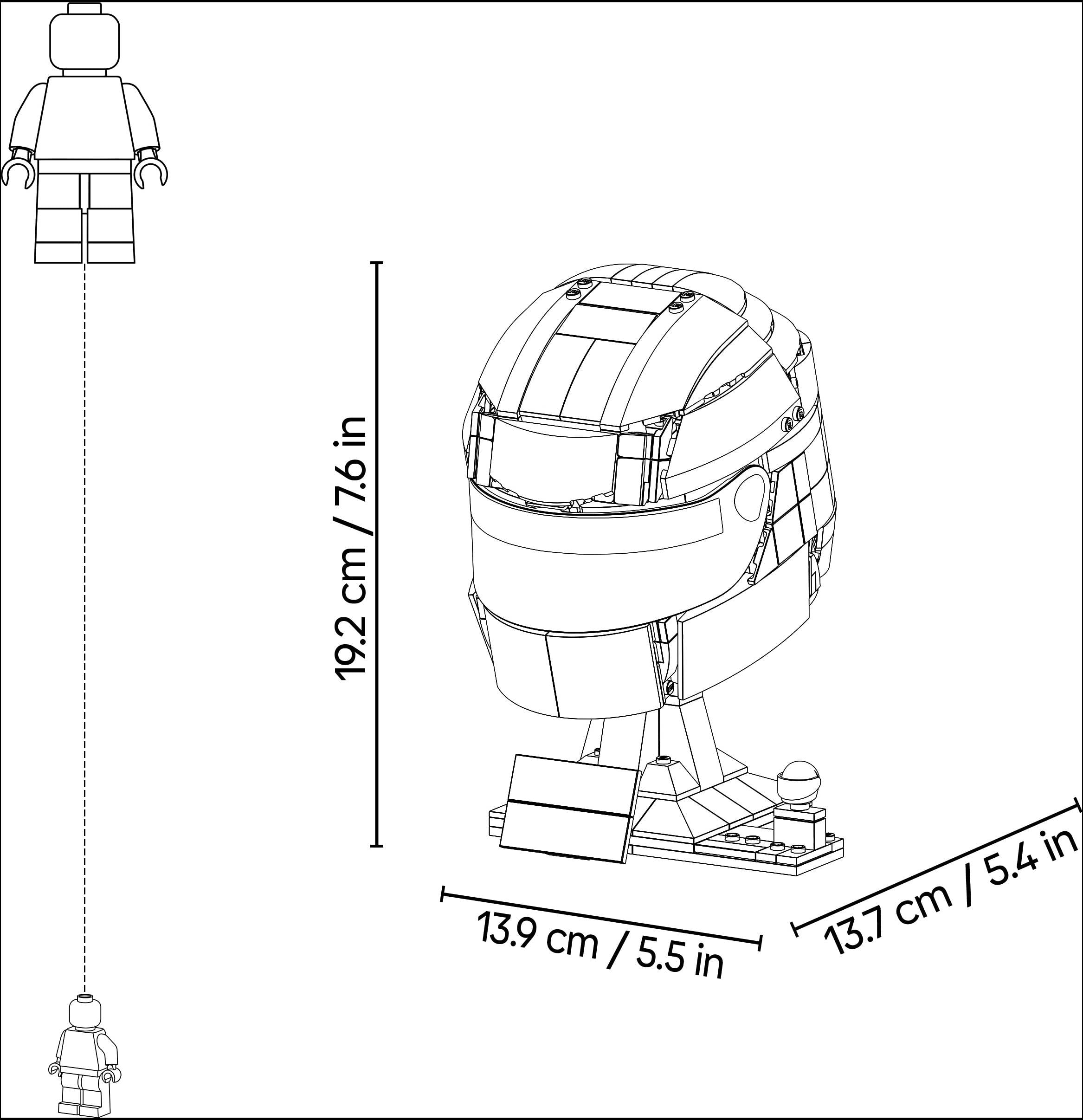Technische Zeichnung eines Anzeigemodells für einen Helm im LEGO-Stil mit Abmessungen: 19,2 cm (7,6 Zoll) Höhe, 13,9 cm (5,5 Zoll) Breite und 13,7 cm (5,4 Zoll) Tiefe.