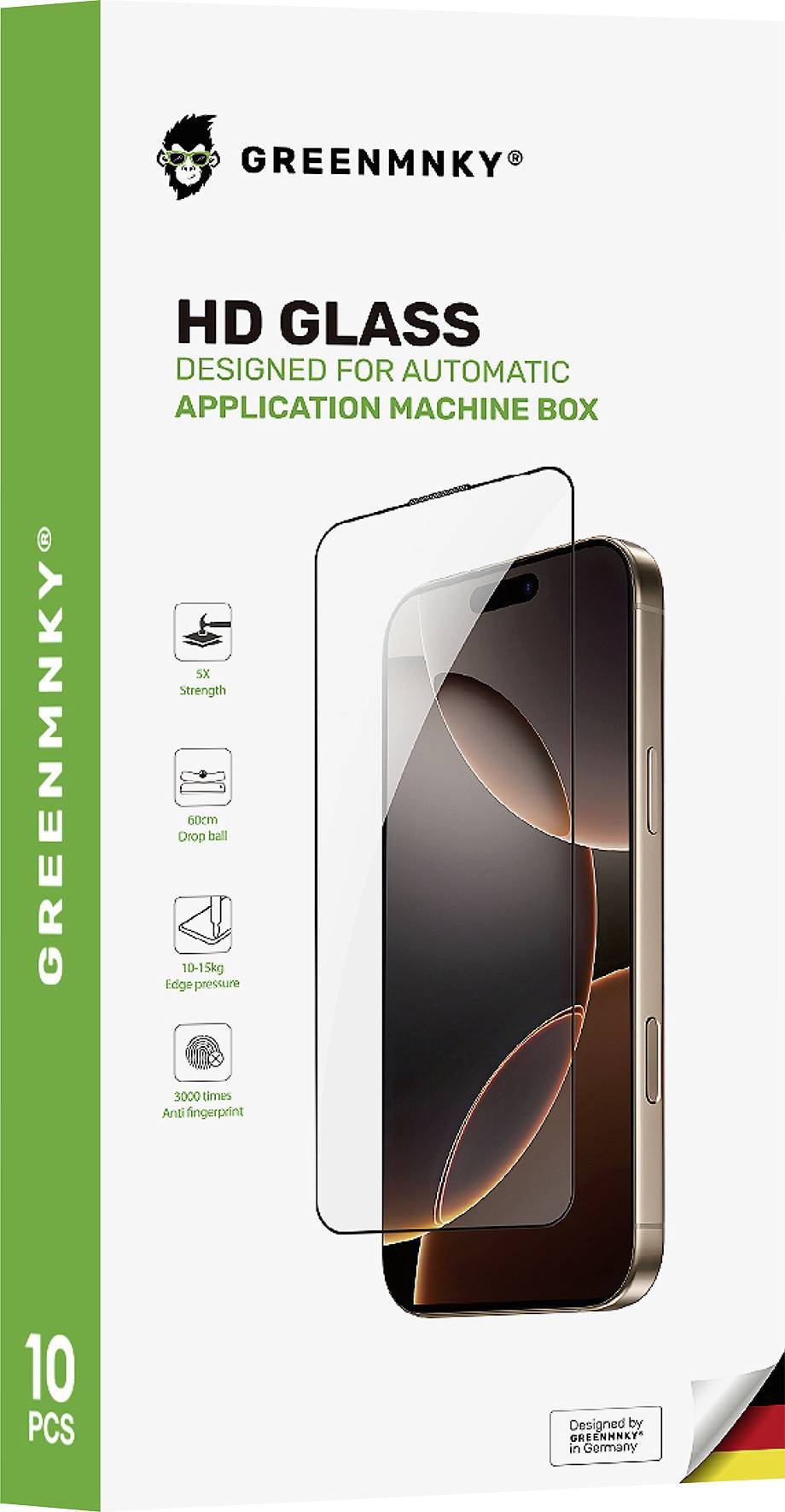 GREENMNKY HD GLASSSCREEN-SCHUTZFOLIE Verpackung für automatische Anwendungsmaschine Box, zeigt ein Telefon mit einer klaren Schutzfolie und 10er-Pack.