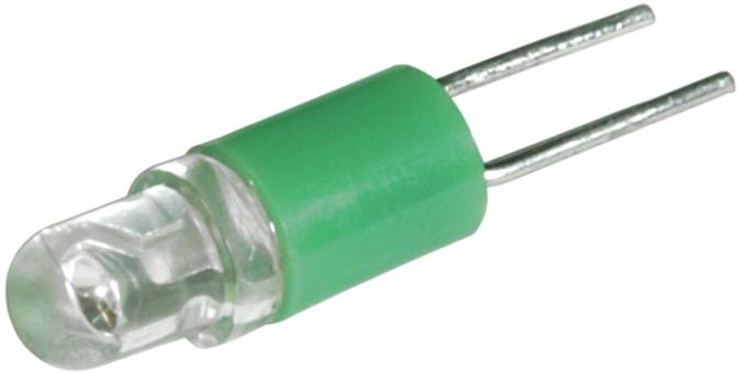 Grüne Indikator-LED mit zwei Metalldrähten auf weißem Hintergrund dargestellt.