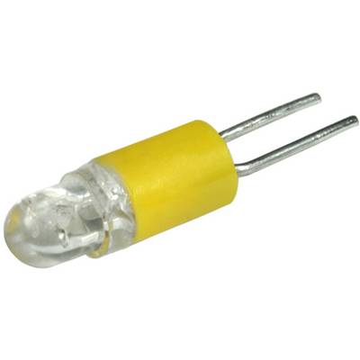 Gelbe Anzeige-LED mit zwei Metalldrähten auf weißem Hintergrund.