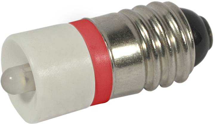 Nahaufnahme einer kleinen metallischen E10-LED-Glühbirne mit einer weißen Kunststoffkappe und rotem Ring, isoliert auf weißem Hintergrund.
