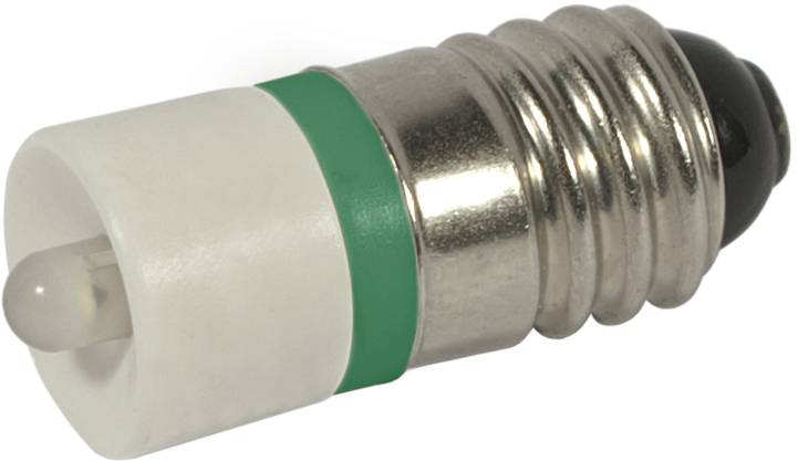 Nahaufnahme einer kleinen LED-Glühbirne mit metallischer Schraubfassung und matter weißer Linse auf neutralem Hintergrund.