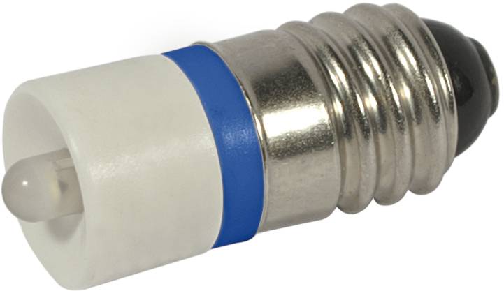 Nahaufnahme einer kleinen LED-Glühbirne mit einer mattierten Kunststoffspitze, blauem Ring und Metallschraubgewinde auf weißem Hintergrund.