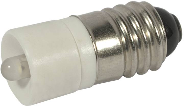 Nahaufnahme einer kleinen LED-Glühbirne mit einer mattierten weißen Kunststoffbasis, silbernem Gewinde-Metallkörper und schwarzer Spitze auf weißem Hintergrund.