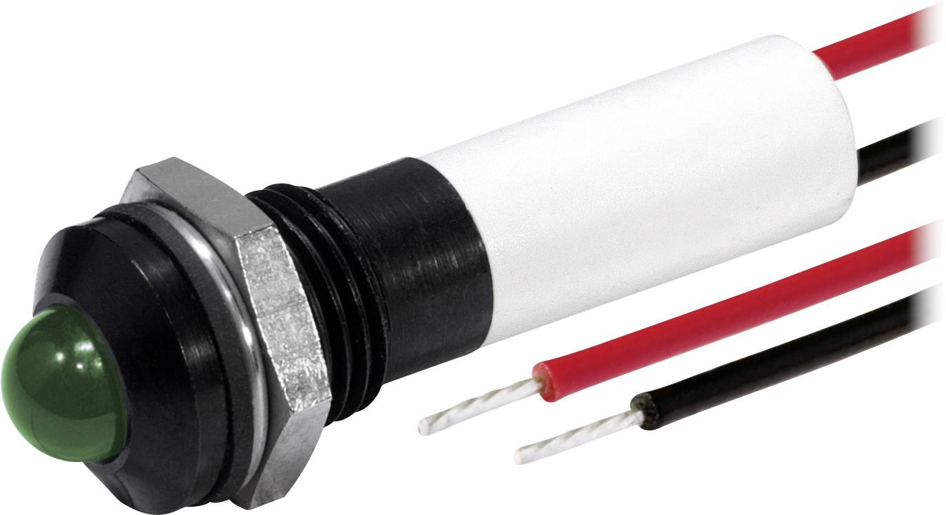Schwarze, einbaubare LED-Anzeigleuchte mit grüner Linse, Gewinde-Metallgehäuse und roten sowie schwarzen Drähten, die von der Rückseite herausragen.