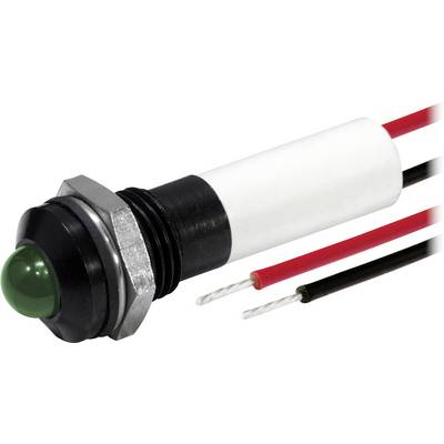 Schwarze, einbaubare LED-Anzeigleuchte mit grüner Linse, Gewinde-Metallgehäuse und roten sowie schwarzen Drähten, die von der Rückseite herausragen.