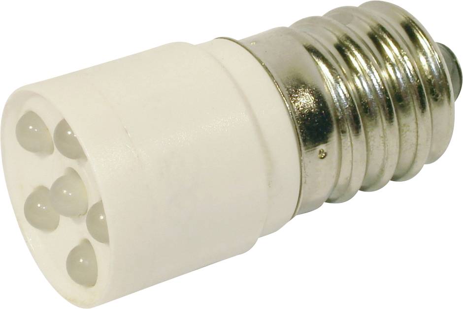 Nahaufnahme eines weißen LED-Glühbirnen-Adapters mit Metallgewindelager, gezeigt auf einem einfachen Hintergrund.