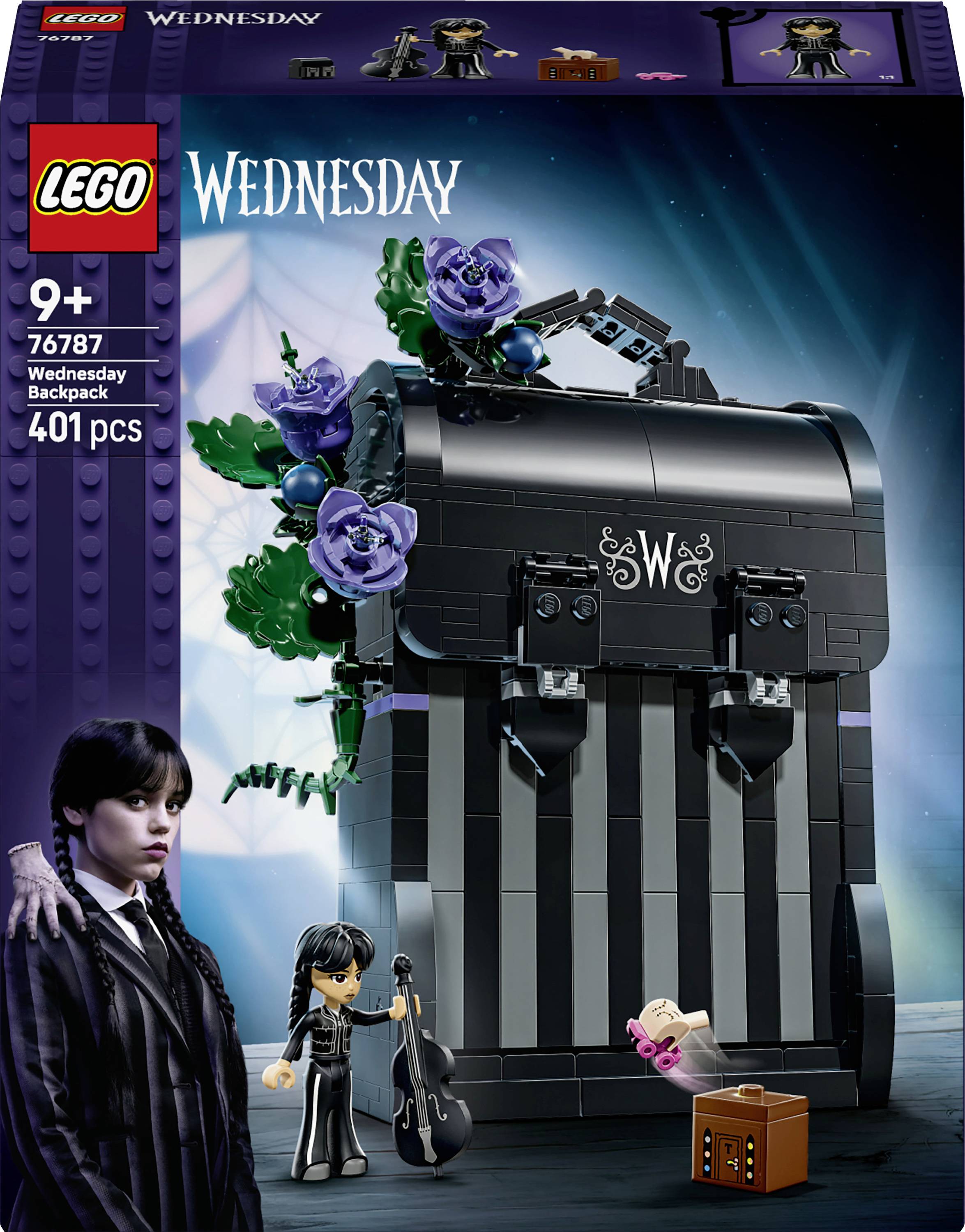 LEGO Wednesday Rucksack-Set Schachtelkunstwerk zeigt einen schwarzen Rucksack mit lila Blumen, Wednesday-Minifigur, Gitarre und kleine Zubehörteile; 9+ und 401 Teile.