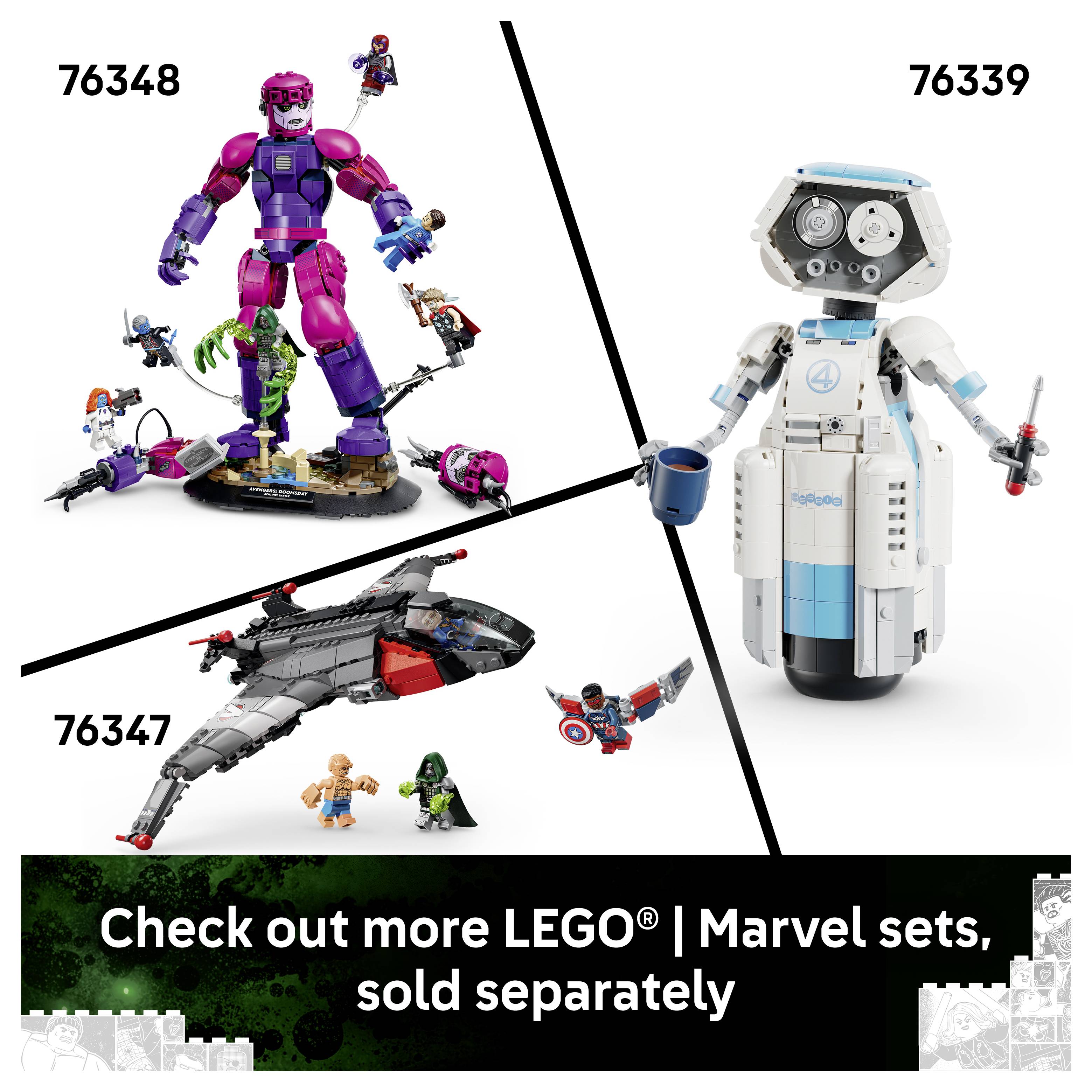 Werbebild für LEGO Marvel Sets mit drei Produkten: 76348 gepanzerter violetter Mech mit Minifiguren, 76339 weiße Roboterfigur und 76347 schwarzes Jet mit Minifiguren; Text sagt „Entdecke weitere LEGO Marvel Sets, separat erhältlich".