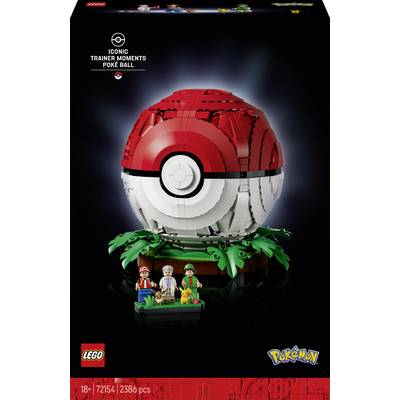 LEGO Iconic Trainer Moments Poké Ball Set mit einem großen, zusammenbaubaren Poké Ball Display mit drei Minifiguren und Pikachu auf schwarzem Hintergrund.