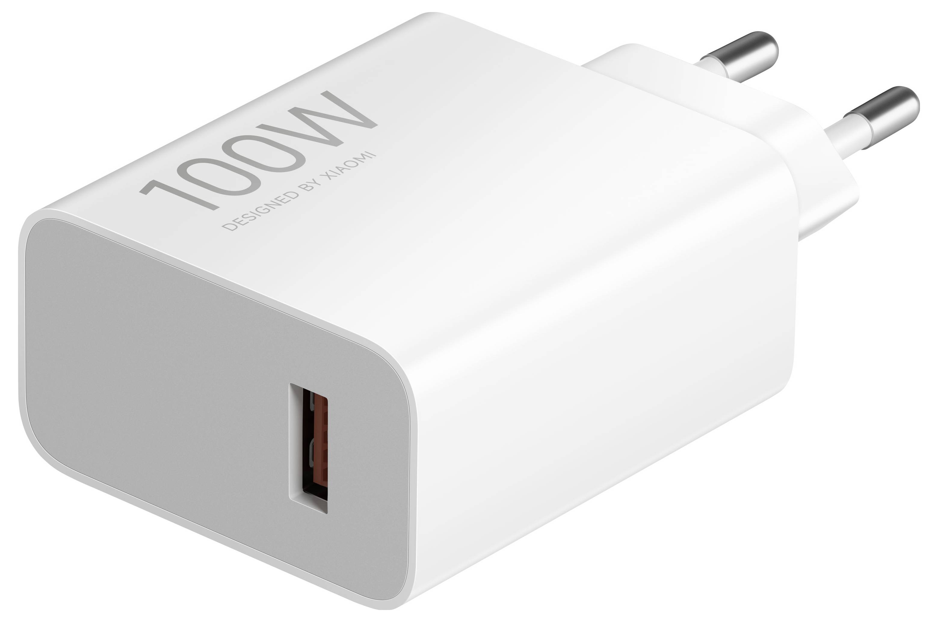 Weißes 100W-USB-Wandladegerät mit zwei runden Steckern und einem USB-Anschluss an der Vorderseite