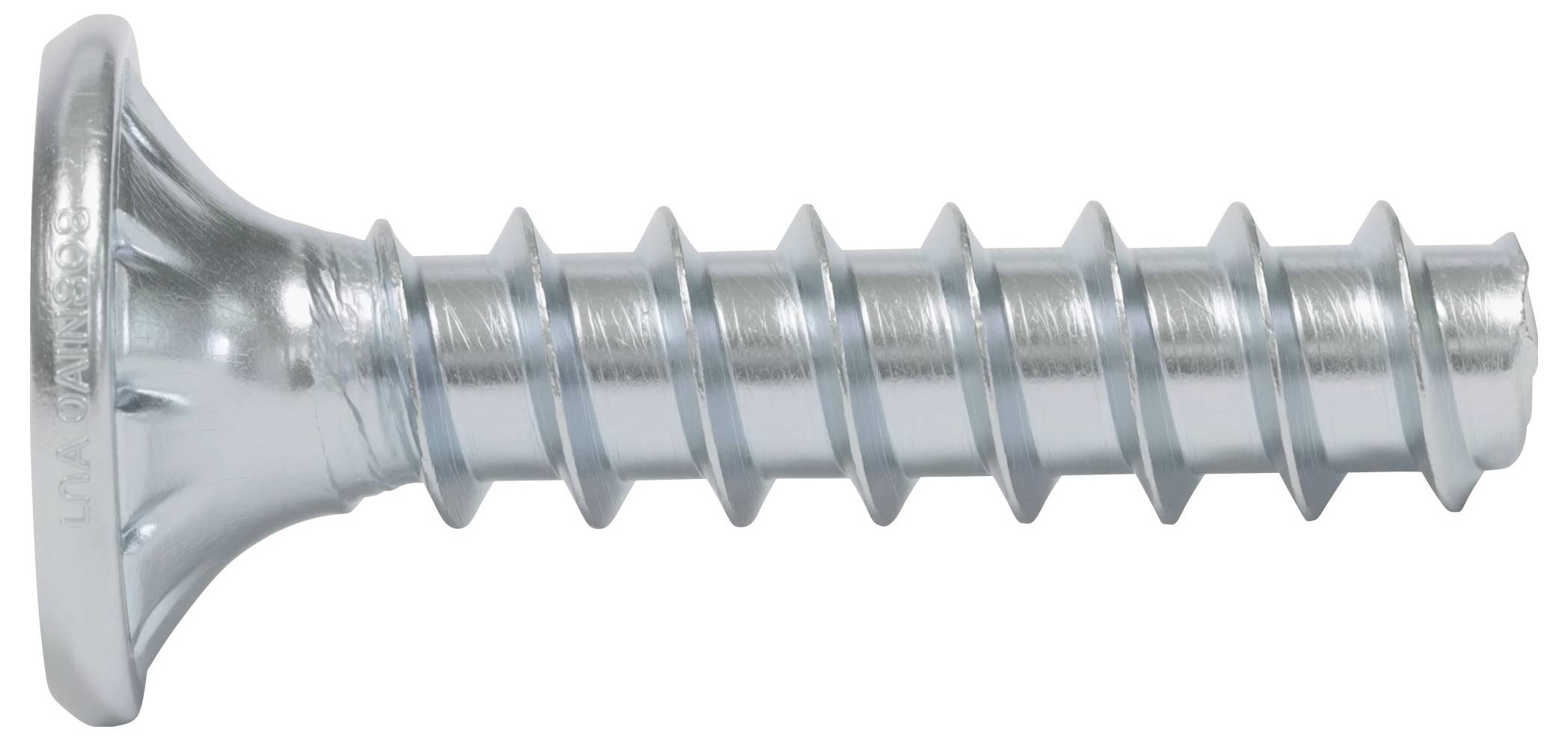 Eine silberne Metallschraube mit breitem flachem Kopf und grobem Gewinde am Schaft, dargestellt auf weißem Hintergrund.