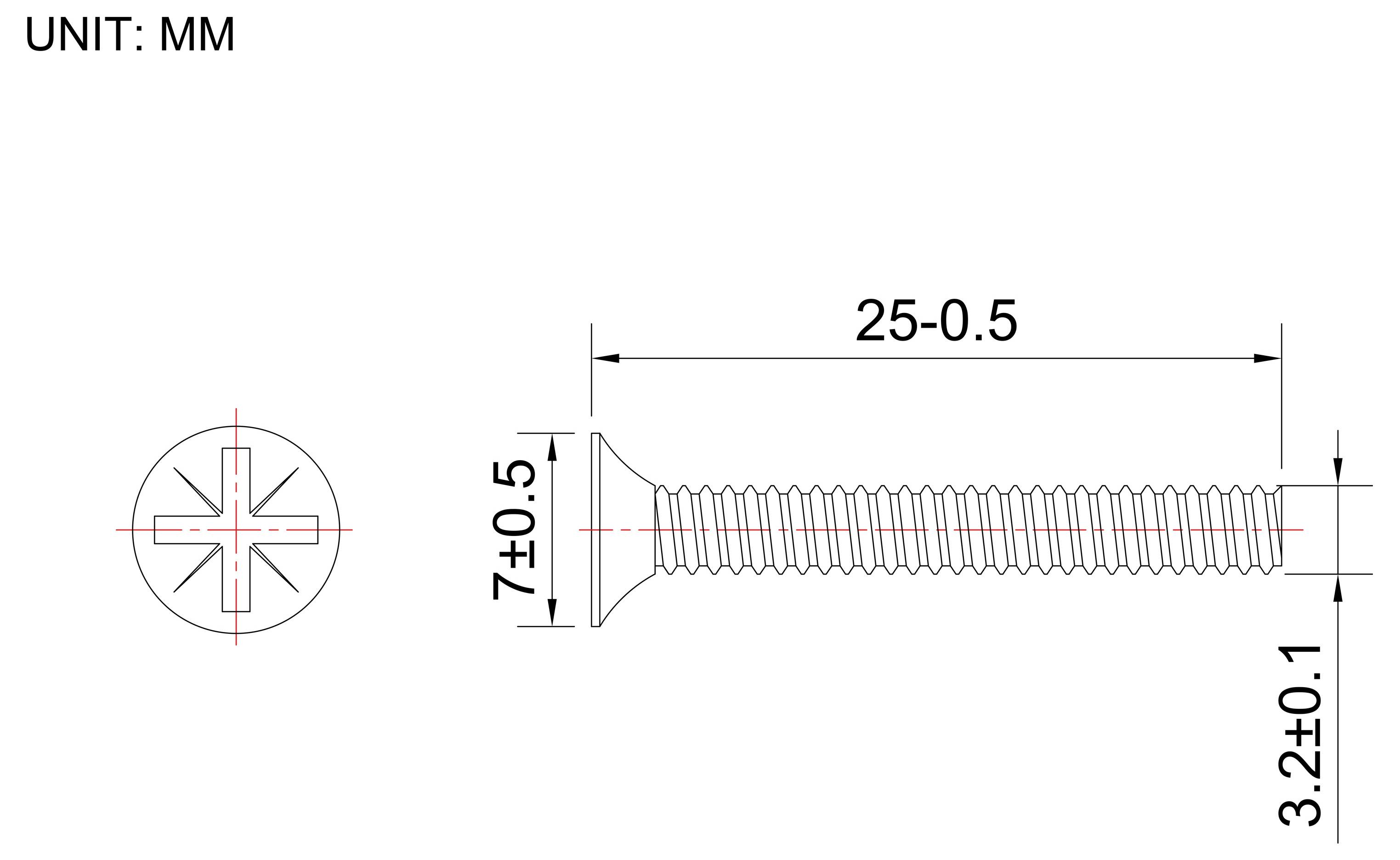 Technische Zeichnung einer geschlitzten Flachkopfschraube in Millimetern, mit Draufsicht und Seitenansicht sowie Abmessungen 25±0,5 Länge, 7±0,5 Kopfdurchmesser und 3,2±0,1 Schaftdurchmesser.