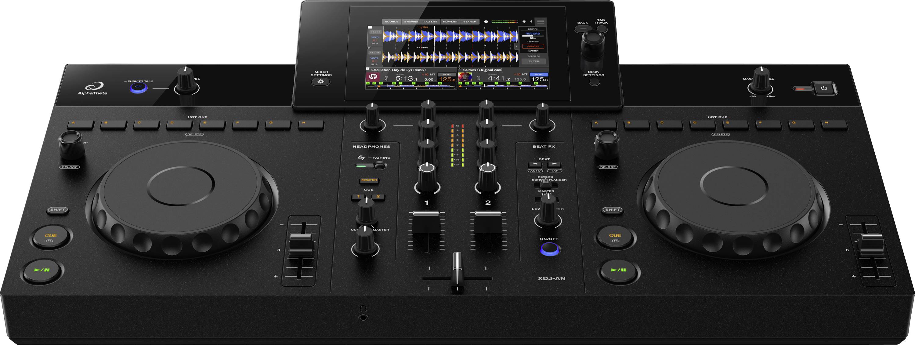 Schwarzer Dual-Deck DJ-Controller mit zwei Jog Wheels, Mixer-Fadern und Reglern sowie einem zentralen farbigen Touchscreen, der Track-Wellenformen anzeigt.