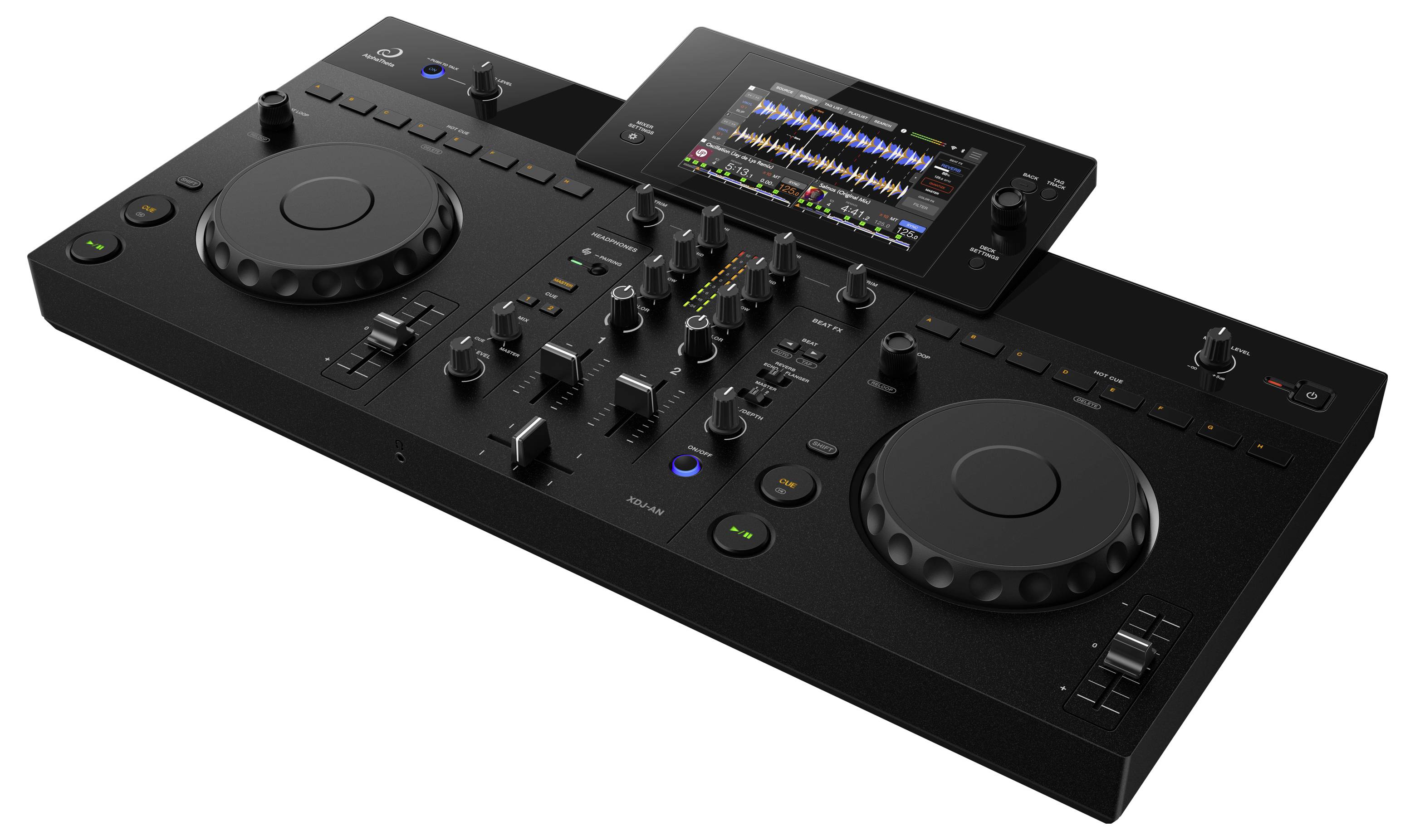 Schwarzer DJ-Controller mit zwei großen Jog-Wheels, Mixer-Drehknöpfen und Faderreglern sowie einem integrierten Touchscreen, der duale Audio-Wellenformen anzeigt.