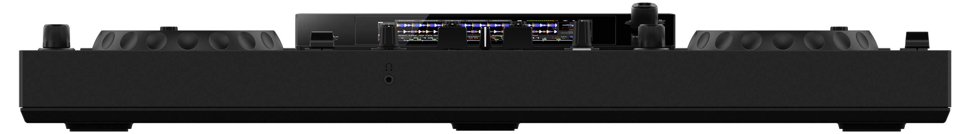 Schwarzer DJ-Mixer oder Controller im Stil eines professionellen Audiogeräts, von vorne gezeigt, mit mehreren Drehreglern, Schiebereglern und zentralen Anzeigetafeln.