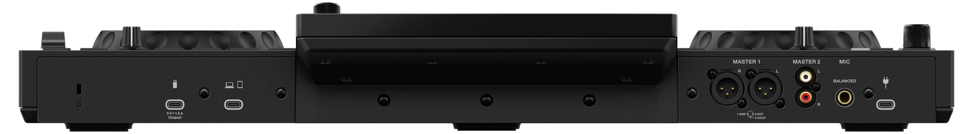 Rückseite eines schwarzen Audio-/Videokomponenten-Gehäuses mit Stromversorgungs- und Signaleingängen/-ausgängen, einschließlich USB, HDMI, Audiobuchsen und Netzwerkverbindungen.