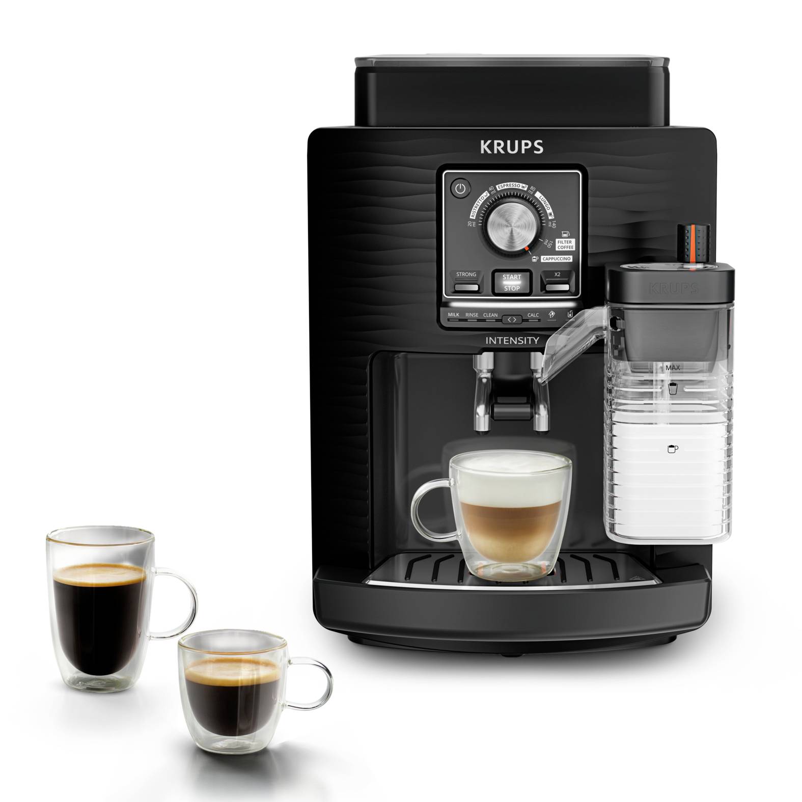 KRUPS Espressomaschine mit abnehmbarem Milchaufschäumer und zwei Glaskaffeetassen, eine mit schwarzem Kaffee und eine mit geschichtetem Cappuccino, auf weißem Hintergrund dargestellt.