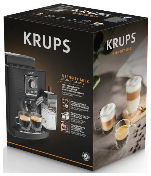 Krups Intensity Milk automatische Espressomaschine, Verpackung zeigt die Kaffeemaschine und Milchaufschäumungsgetränke auf der Vorderseite.
