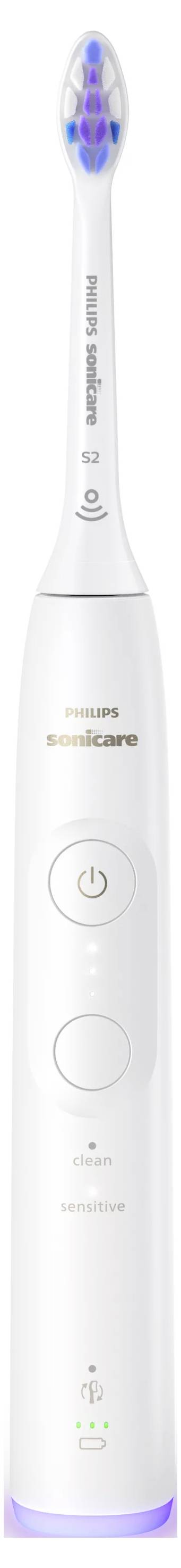 Weißer Philips Sonicare elektrischer Zahnbürstengriff in aufrechter Position, mit Ein-/Ausschalter, Modusschalter, Batterieanzeige und leuchtender blauer Basis.