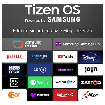Werbeübersicht für Tizen OS von Samsung mit dem Text 'Erleben Sie unbegrenzte Möglichkeiten' und Kacheln für TV- und Streaming-Apps wie Netflix, Prime Video, YouTube, Disney+, Spotify und ZDF.