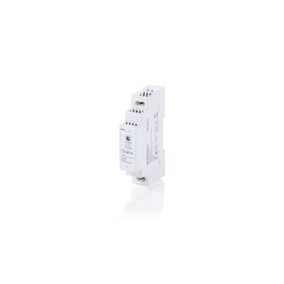 Weißes DIN-Schienen-Elektromodul oder Relaisgerät, isoliert auf weißem Hintergrund dargestellt.