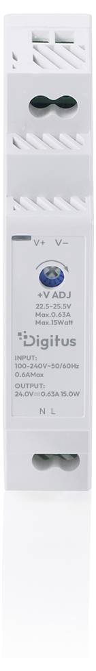 Weiße DIN-Schienen-DigituS V+ADJ Stromversorgungsmodul mit grünem Einstellregler, Belüftungsschlitzen und Ausgangs-/Eingangsklemmen.